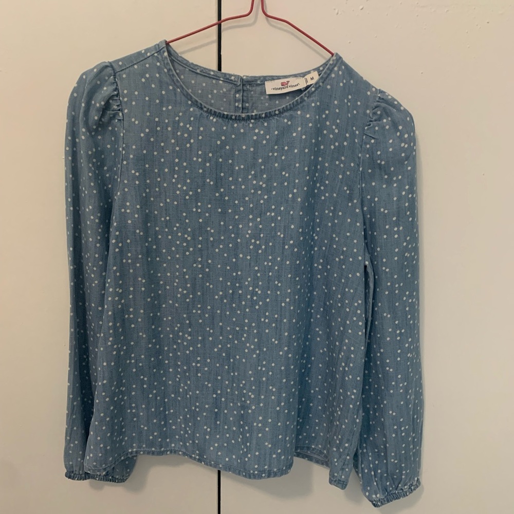 Vineyard Vines Baby Blue Polka Dots Elastic Cuffs Long Sleeve Blouse